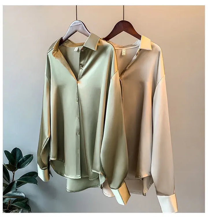 Elegant Luxury Shirts For Women Long Sleeves Satin Blouses Office Lady Loose Button Up Female Outfit White Top Spring Autumn New