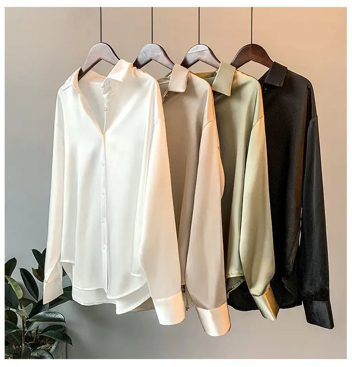 Elegant Luxury Shirts For Women Long Sleeves Satin Blouses Office Lady Loose Button Up Female Outfit White Top Spring Autumn New