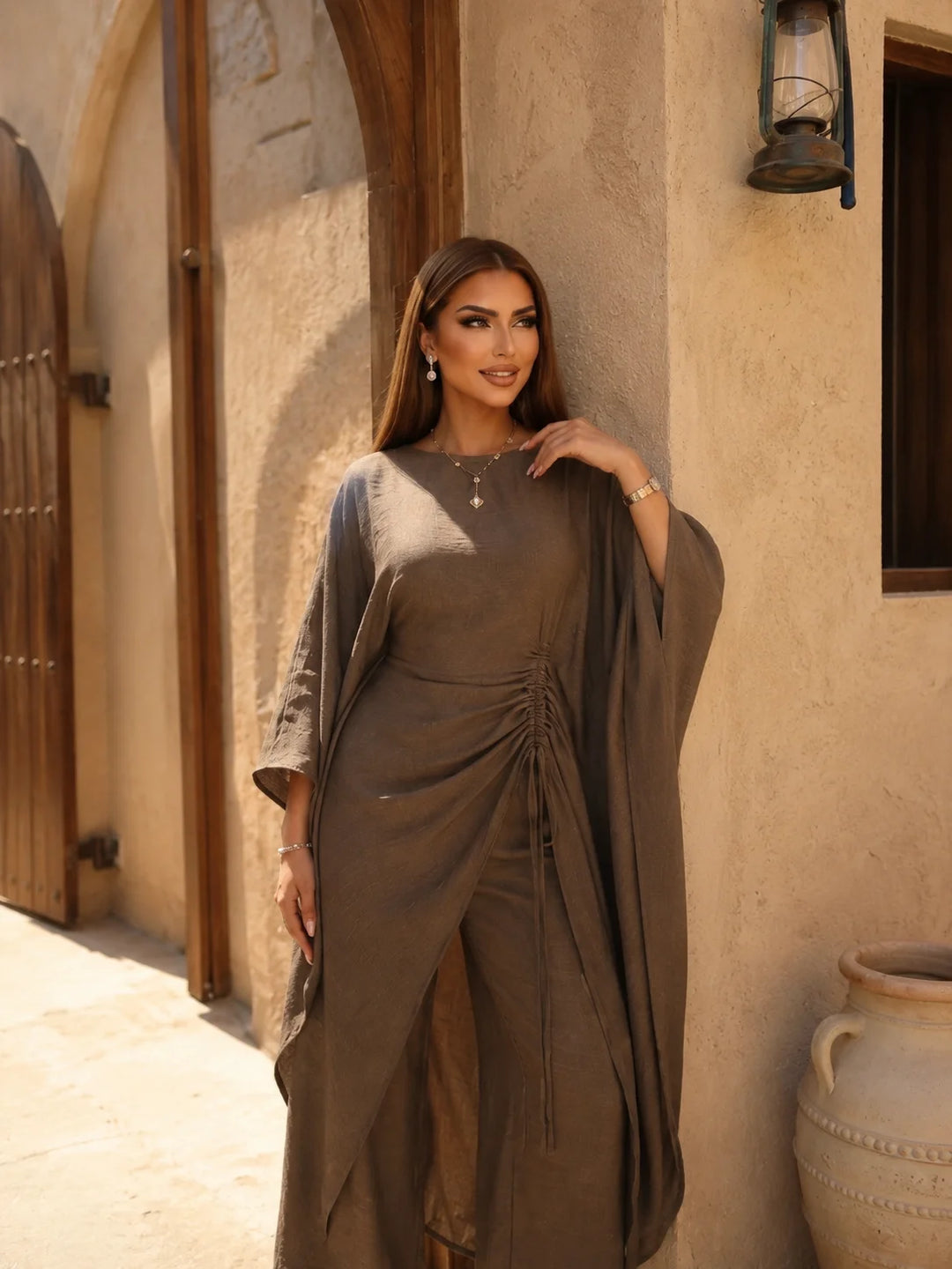 Women's Luxury Kaftan Pants Dress Set Elegant Loose Fit Batwing Sleeve Long Top with Wide Leg Pants Modest Fashion Outfit