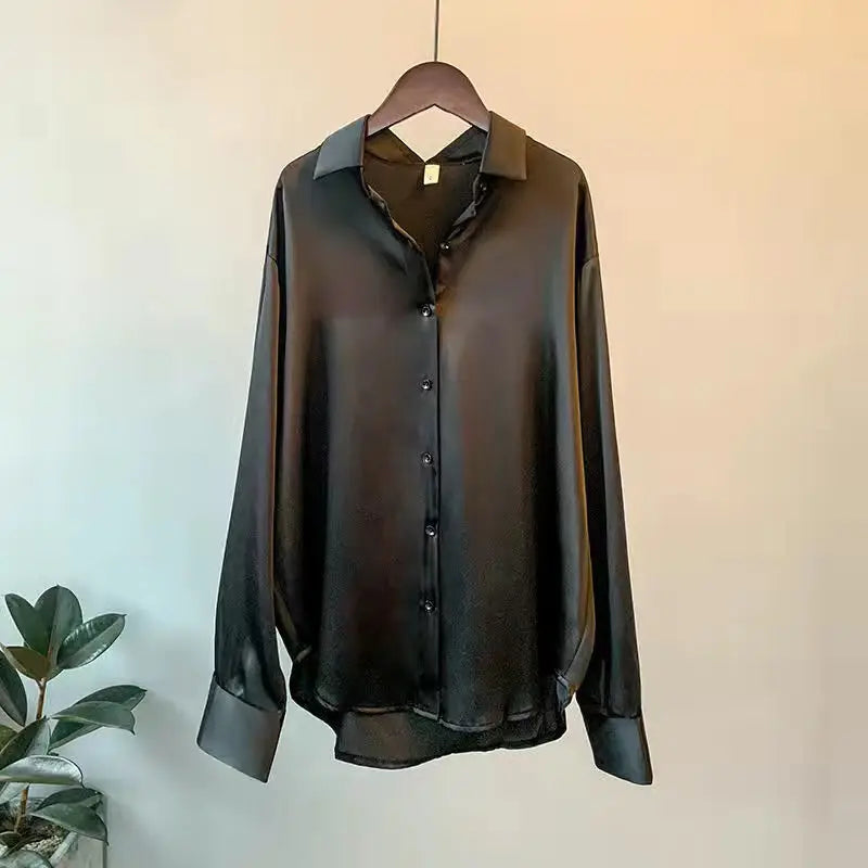 Elegant Luxury Shirts For Women Long Sleeves Satin Blouses Office Lady Loose Button Up Female Outfit White Top Spring Autumn New