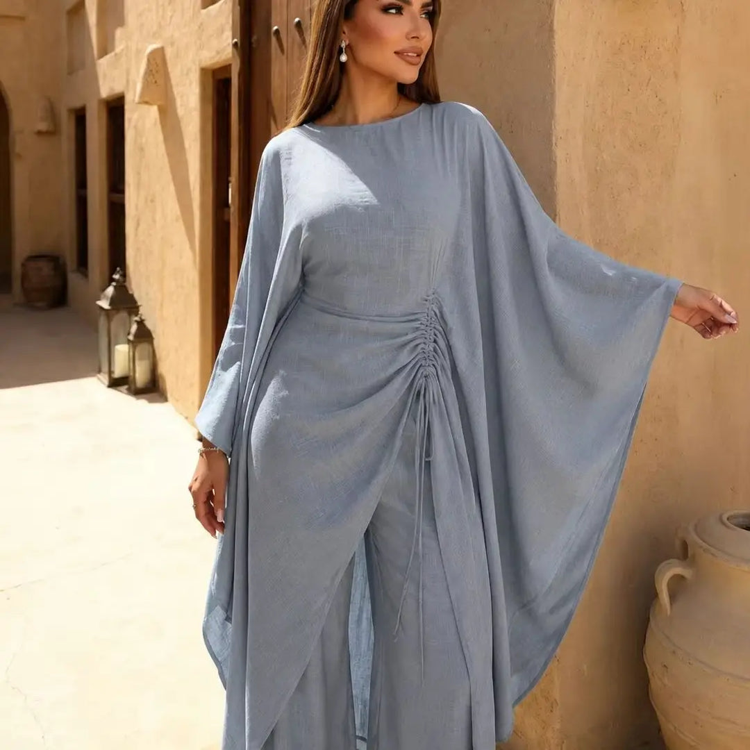 Women's Luxury Kaftan Pants Dress Set Elegant Loose Fit Batwing Sleeve Long Top with Wide Leg Pants Modest Fashion Outfit