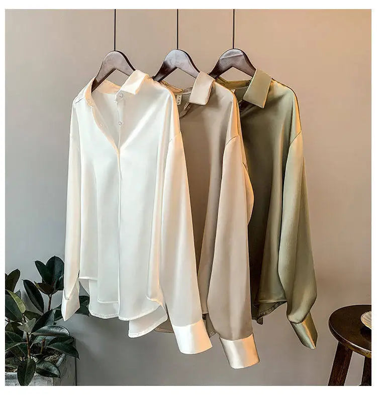 Elegant Luxury Shirts For Women Long Sleeves Satin Blouses Office Lady Loose Button Up Female Outfit White Top Spring Autumn New