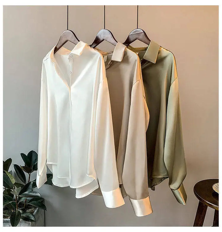 Elegant Luxury Shirts For Women Long Sleeves Satin Blouses Office Lady Loose Button Up Female Outfit White Top Spring Autumn New