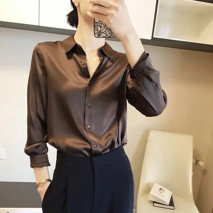 Elegant Luxury Shirts For Women Long Sleeves Satin Blouses Office Lady Loose Button Up Female Outfit White Top Spring Autumn New