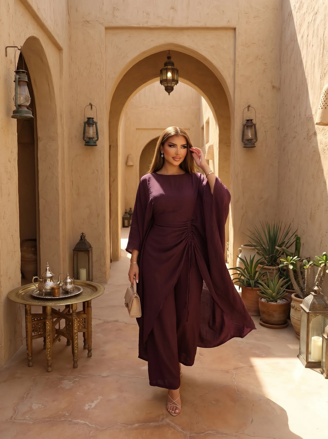 Women's Luxury Kaftan Pants Dress Set Elegant Loose Fit Batwing Sleeve Long Top with Wide Leg Pants Modest Fashion Outfit