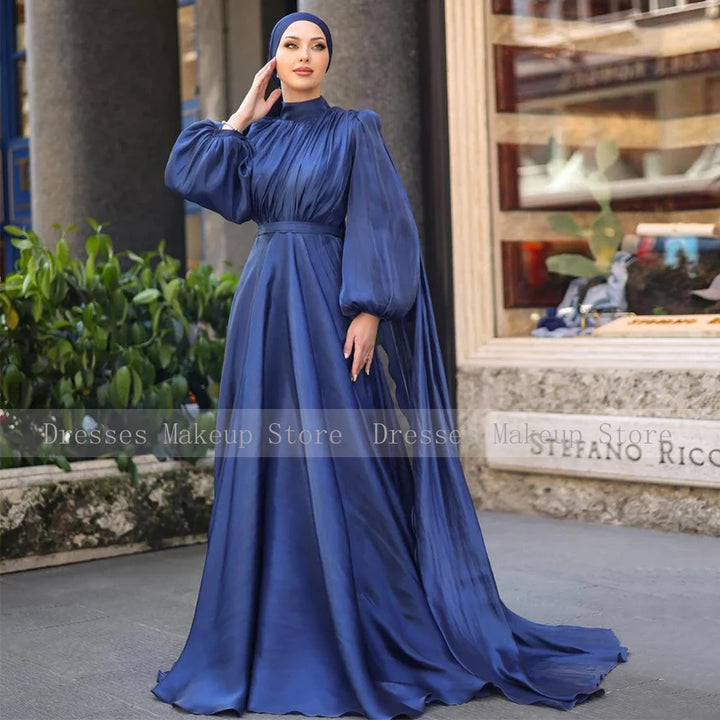 Modest Evening Dresses for Women 2025 High Collar Puffy Long Sleeves Evening Gowns Long Pleated A Line Saudi Arabian Formal Gown