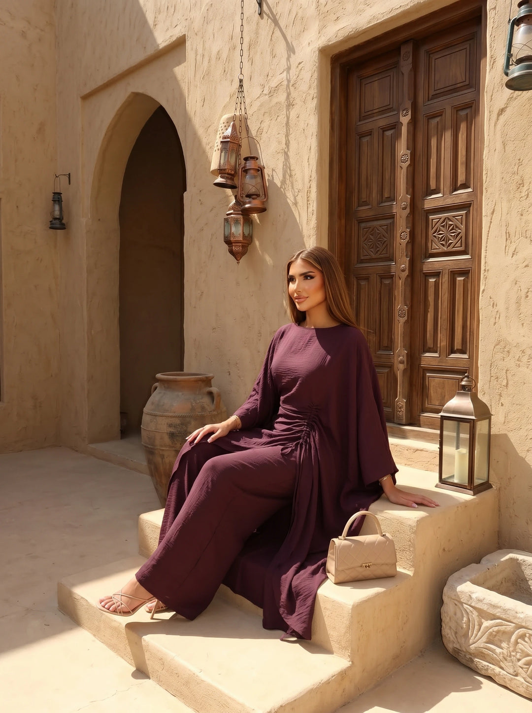 Women's Luxury Kaftan Pants Dress Set Elegant Loose Fit Batwing Sleeve Long Top with Wide Leg Pants Modest Fashion Outfit