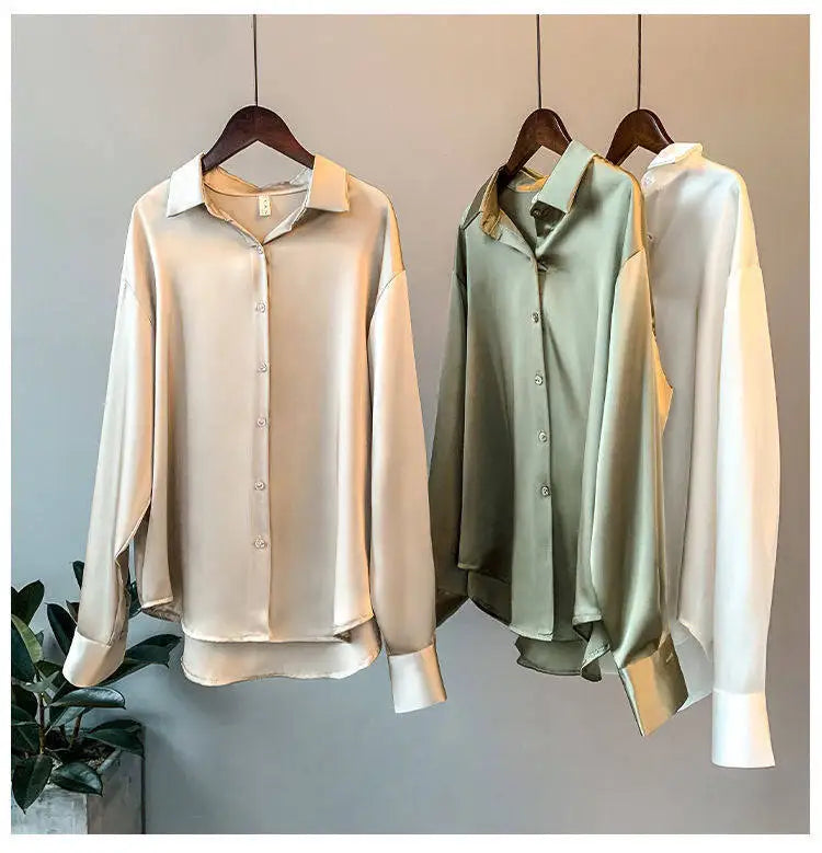 Elegant Luxury Shirts For Women Long Sleeves Satin Blouses Office Lady Loose Button Up Female Outfit White Top Spring Autumn New