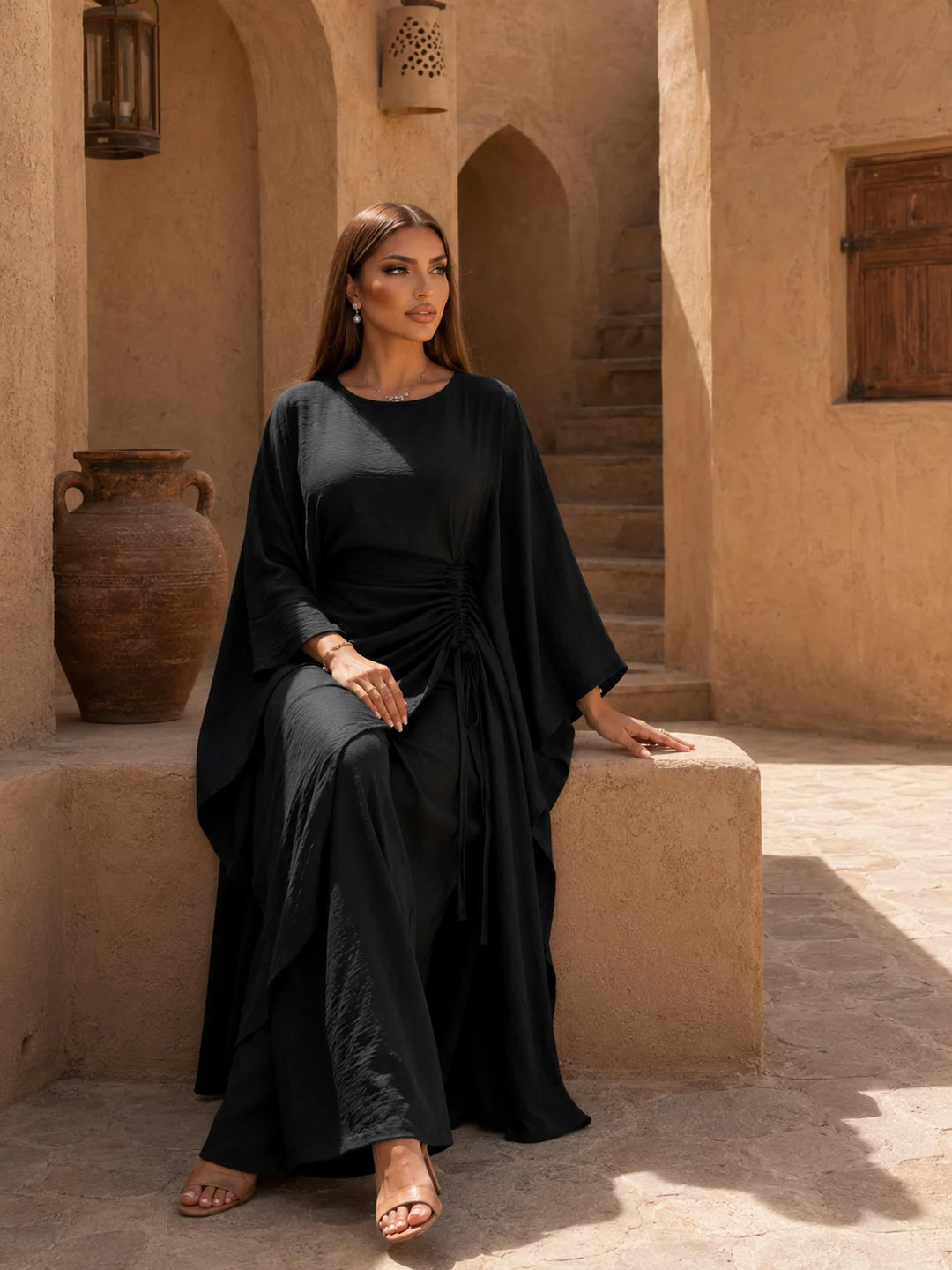Women's Luxury Kaftan Pants Dress Set Elegant Loose Fit Batwing Sleeve Long Top with Wide Leg Pants Modest Fashion Outfit