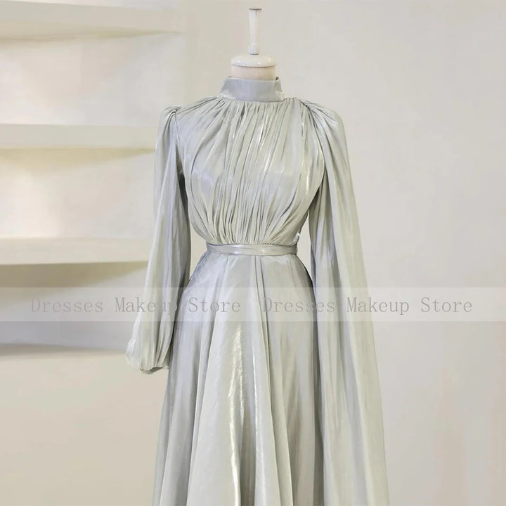 Modest Evening Dresses for Women 2025 High Collar Puffy Long Sleeves Evening Gowns Long Pleated A Line Saudi Arabian Formal Gown