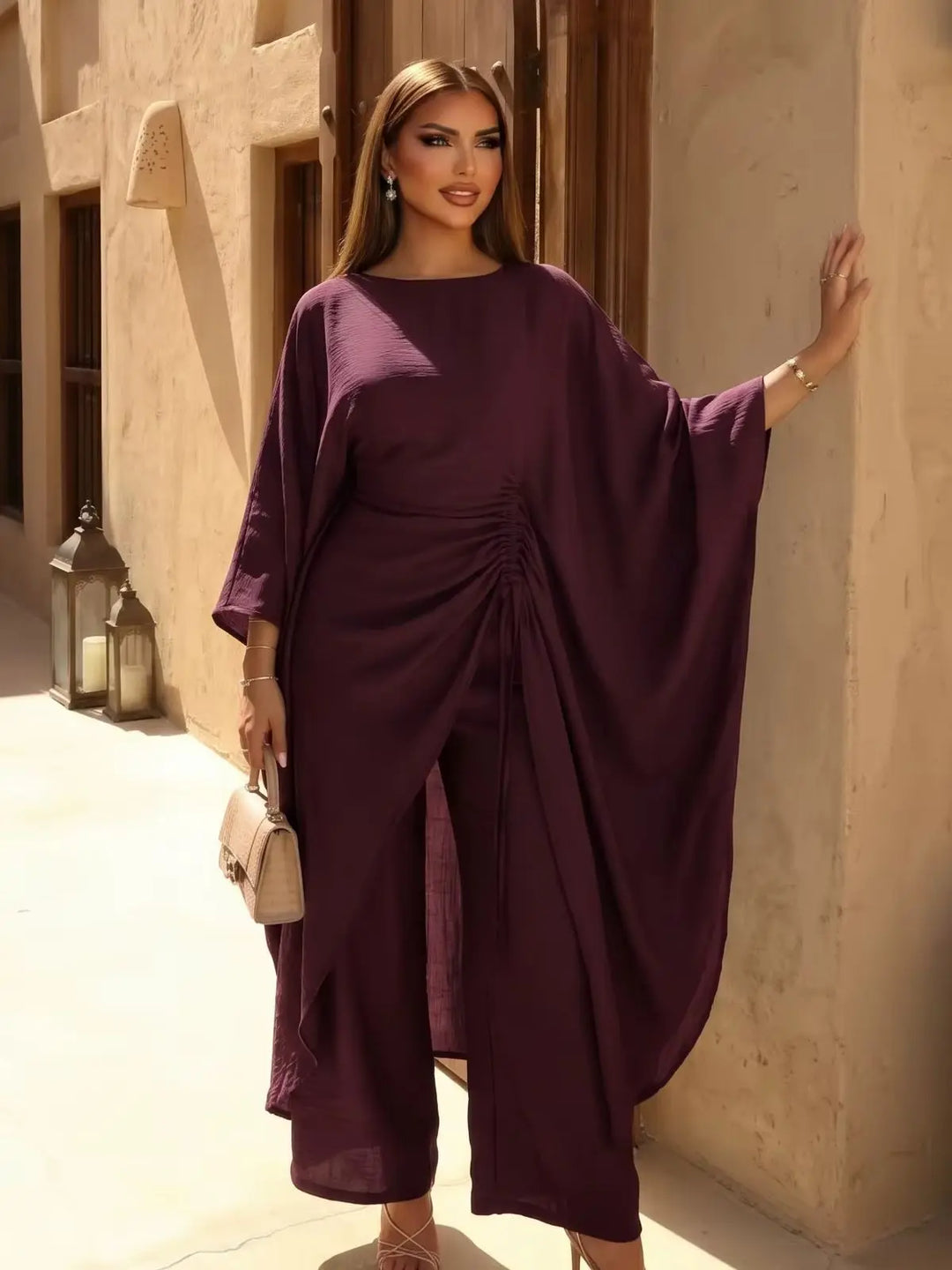 Women's Luxury Kaftan Pants Dress Set Elegant Loose Fit Batwing Sleeve Long Top with Wide Leg Pants Modest Fashion Outfit