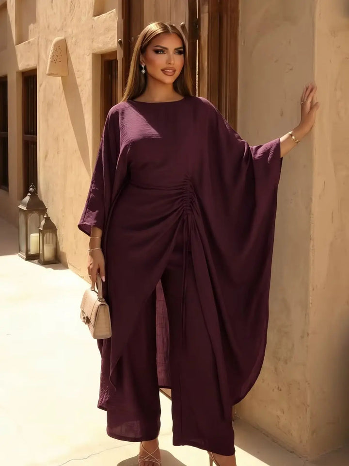 Women's Luxury Kaftan Pants Dress Set Elegant Loose Fit Batwing Sleeve Long Top with Wide Leg Pants Modest Fashion Outfit