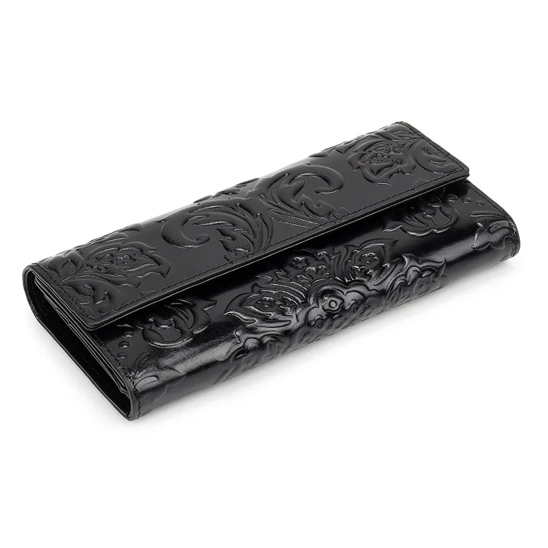 Women’s Genuine Leather Wallet – Large Cow Leather Floral Clutch Purse