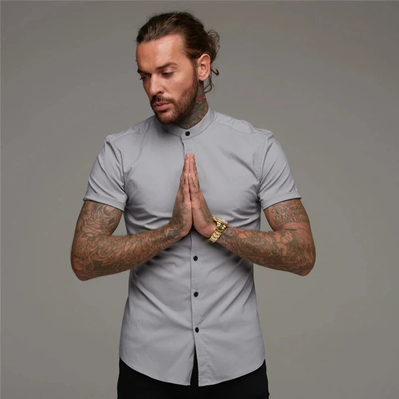 Mens Short Sleeve Shirt Summer Plain Slim Fit Dress Shirts Fitness Men Gym Clothing Fashion Casual Social Stand Business Shirts
