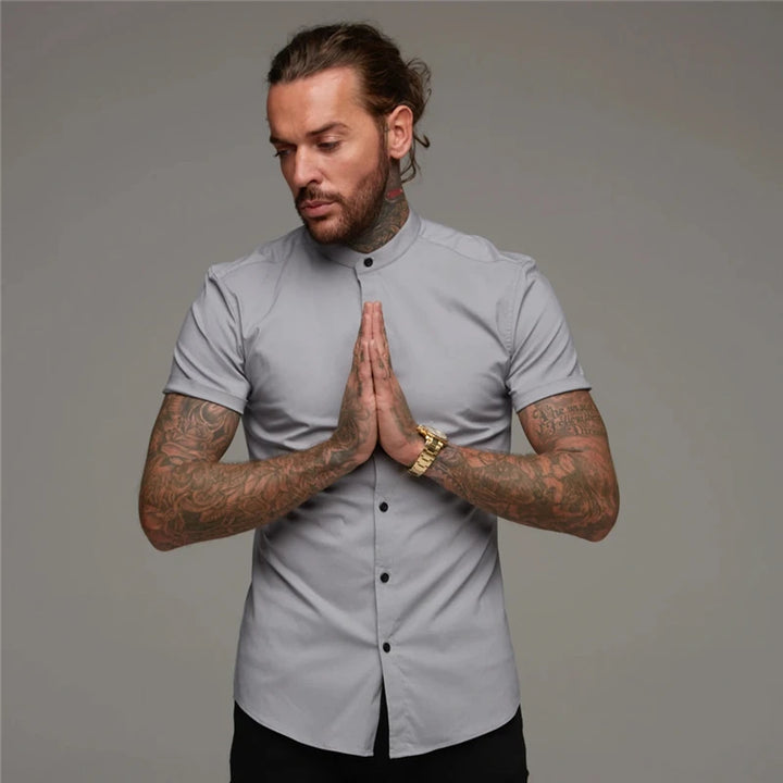 Mens Short Sleeve Shirt Summer Plain Slim Fit Dress Shirts Fitness Men Gym Clothing Fashion Casual Social Stand Business Shirts