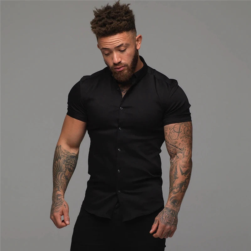 Summer Fashion Short Sleeve Shirt Men Solid Super Slim Fit Male Social Business Dress Shirt Brand Men Gym Fitness Sport Clothing