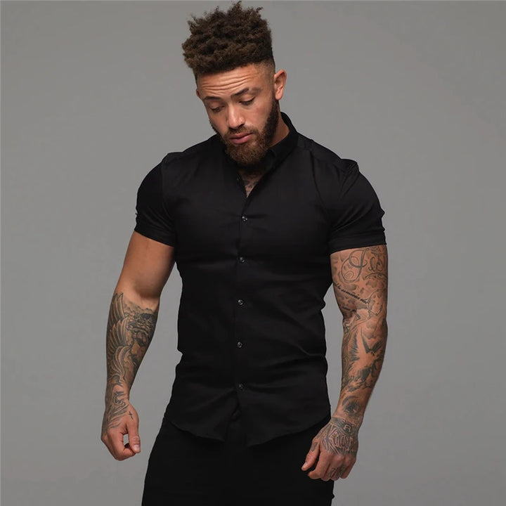 Summer Fashion Short Sleeve Shirt Men Solid Super Slim Fit Male Social Business Dress Shirt Brand Men Gym Fitness Sport Clothing