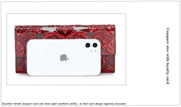 Women’s Genuine Leather Wallet – Large Cow Leather Floral Clutch Purse