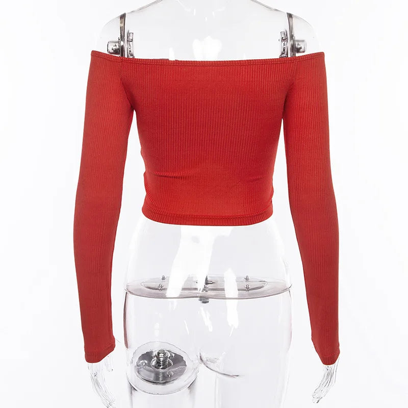 women T-shirts sexy and club fashion female T-shirt long sleeve off shoulder solid color lady Tshirt autumn basic tees