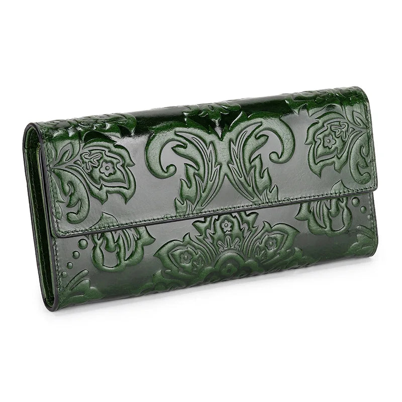 Women’s Genuine Leather Wallet – Large Cow Leather Floral Clutch Purse