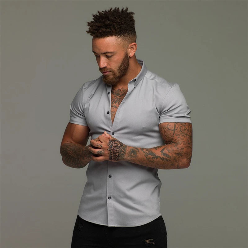 Summer Fashion Short Sleeve Shirt Men Solid Super Slim Fit Male Social Business Dress Shirt Brand Men Gym Fitness Sport Clothing