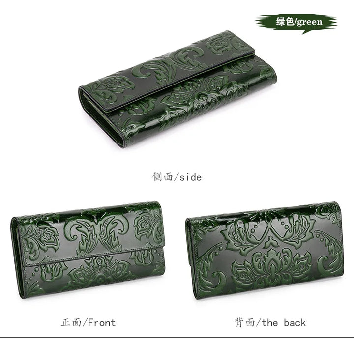 Women’s Genuine Leather Wallet – Large Cow Leather Floral Clutch Purse