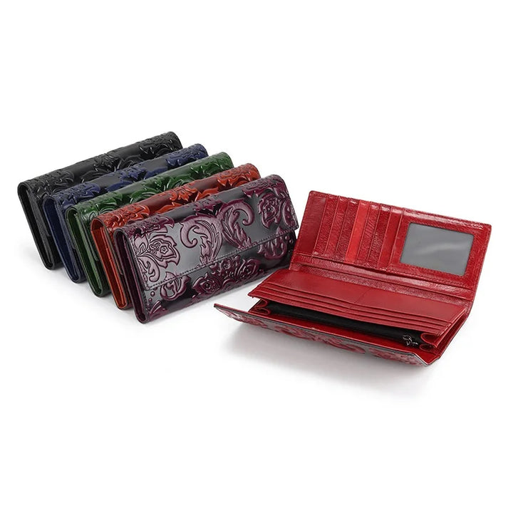 Women’s Genuine Leather Wallet – Large Cow Leather Floral Clutch Purse