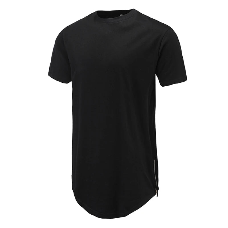 New Summer Best Seller Mens T Shirts Solid Color Round Neck Bottom Side Zipper Fashion Hip-hop Style White Short Sleeve Male