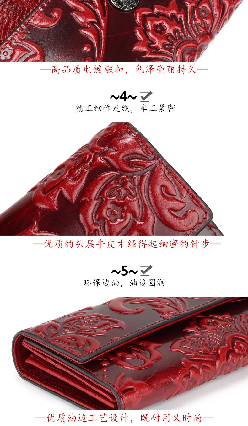 Women’s Genuine Leather Wallet – Large Cow Leather Floral Clutch Purse