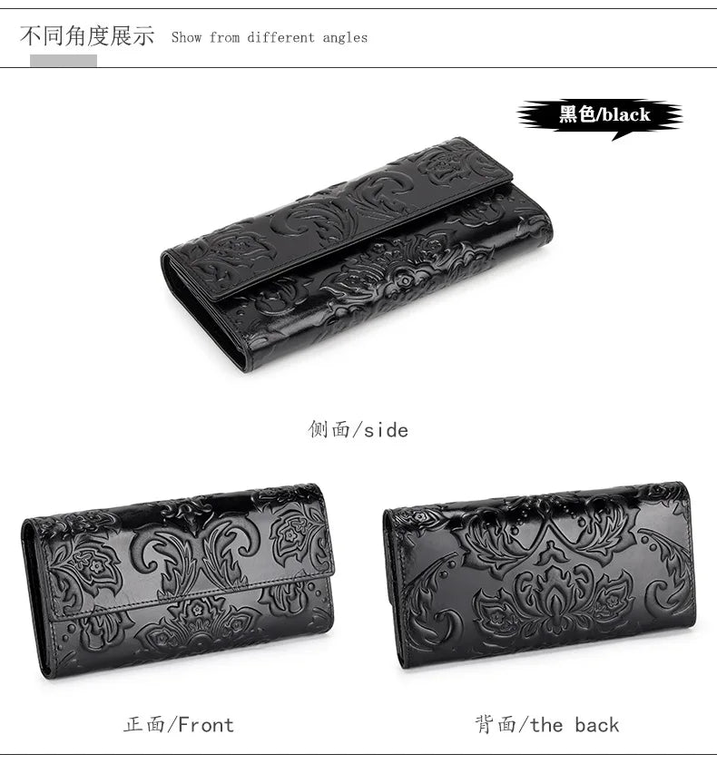 Women’s Genuine Leather Wallet – Large Cow Leather Floral Clutch Purse