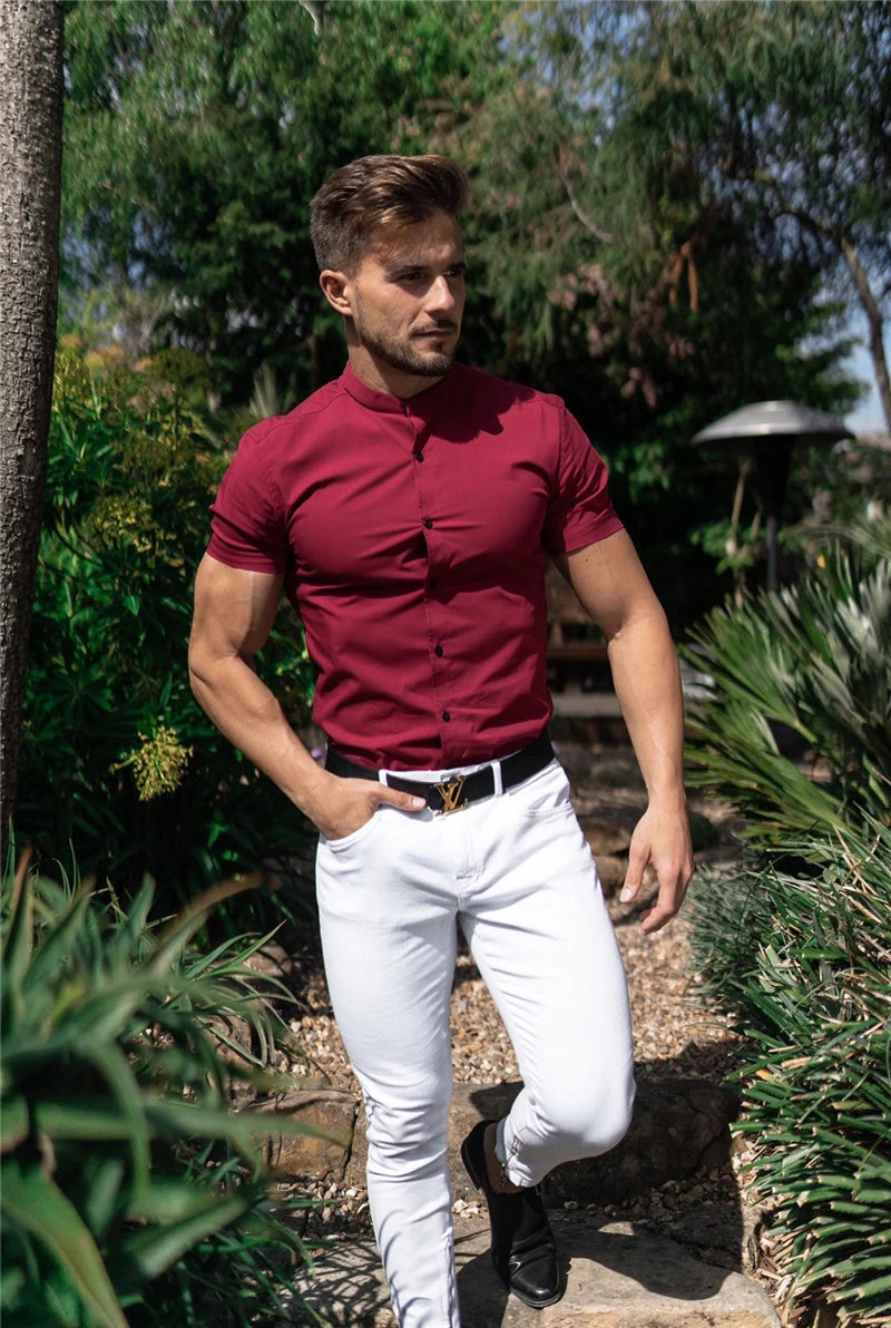 Mens Short Sleeve Shirt Summer Plain Slim Fit Dress Shirts Fitness Men Gym Clothing Fashion Casual Social Stand Business Shirts