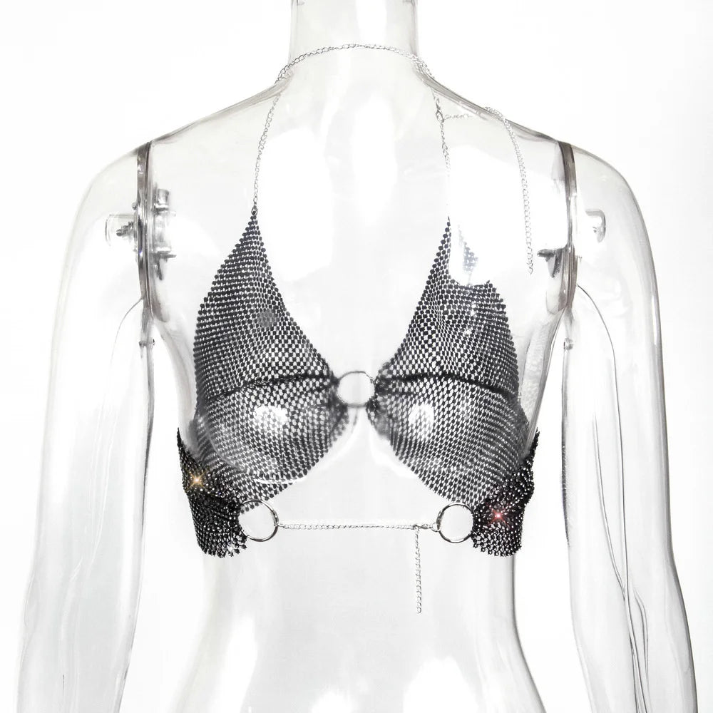 Sexy black White Summer crop top women festival Beach club outfits Party tank top t shirt woman Halter Rhinestones tops topy Hot