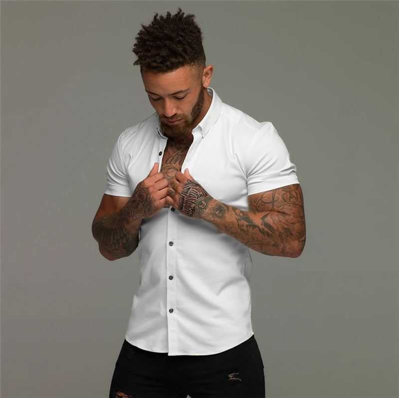 Summer Fashion Short Sleeve Shirt Men Solid Super Slim Fit Male Social Business Dress Shirt Brand Men Gym Fitness Sport Clothing