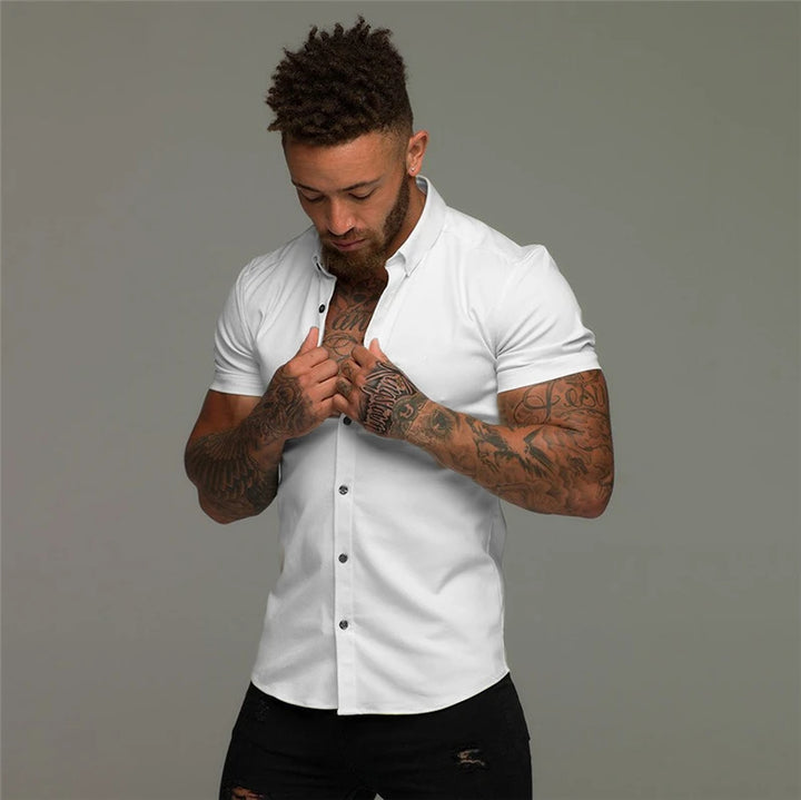 Summer Fashion Short Sleeve Shirt Men Solid Super Slim Fit Male Social Business Dress Shirt Brand Men Gym Fitness Sport Clothing