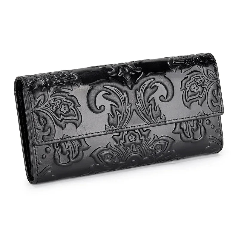 Women’s Genuine Leather Wallet – Large Cow Leather Floral Clutch Purse