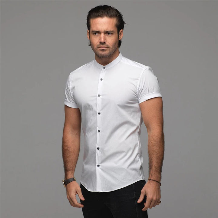 Mens Short Sleeve Shirt Summer Plain Slim Fit Dress Shirts Fitness Men Gym Clothing Fashion Casual Social Stand Business Shirts