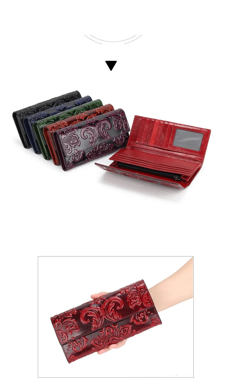 Women’s Genuine Leather Wallet – Large Cow Leather Floral Clutch Purse