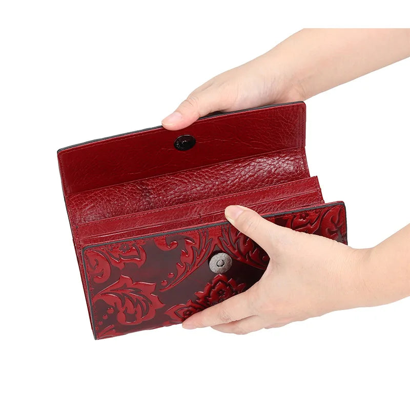 Women’s Genuine Leather Wallet – Large Cow Leather Floral Clutch Purse