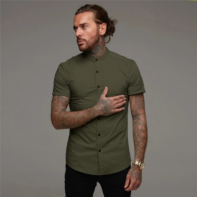 Mens Short Sleeve Shirt Summer Plain Slim Fit Dress Shirts Fitness Men Gym Clothing Fashion Casual Social Stand Business Shirts