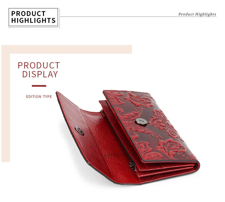 Women’s Genuine Leather Wallet – Large Cow Leather Floral Clutch Purse