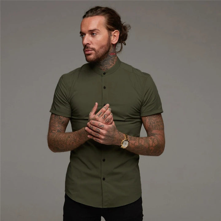 Mens Short Sleeve Shirt Summer Plain Slim Fit Dress Shirts Fitness Men Gym Clothing Fashion Casual Social Stand Business Shirts
