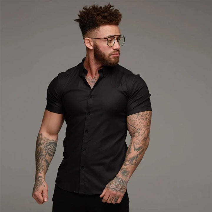 Summer Fashion Short Sleeve Shirt Men Solid Super Slim Fit Male Social Business Dress Shirt Brand Men Gym Fitness Sport Clothing