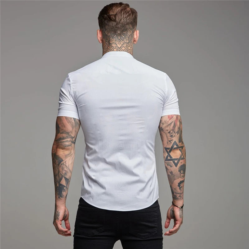 Mens Short Sleeve Shirt Summer Plain Slim Fit Dress Shirts Fitness Men Gym Clothing Fashion Casual Social Stand Business Shirts