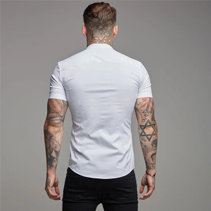 Mens Short Sleeve Shirt Summer Plain Slim Fit Dress Shirts Fitness Men Gym Clothing Fashion Casual Social Stand Business Shirts