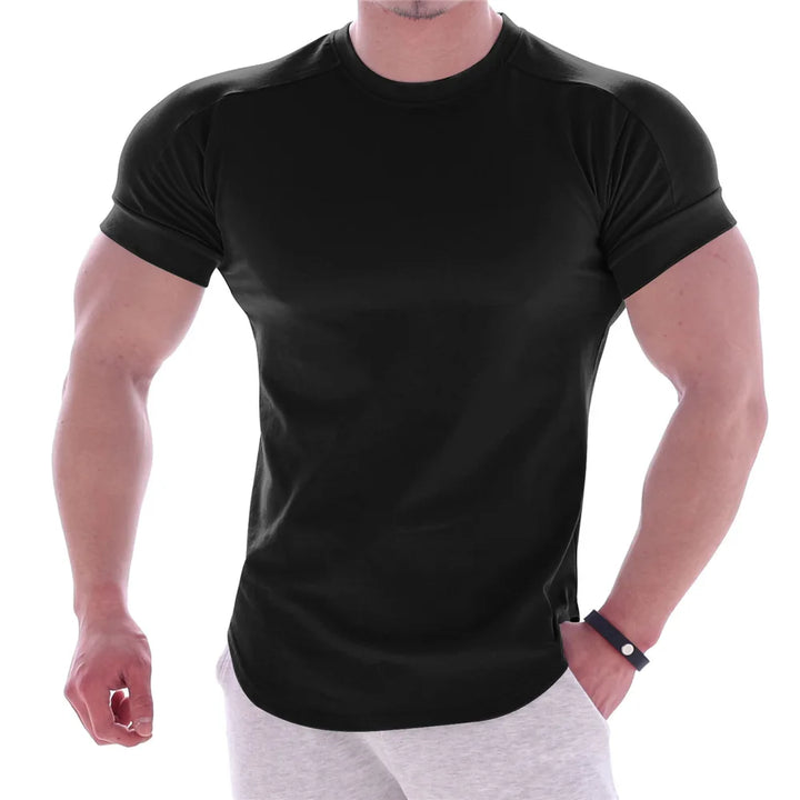 Men Summer T Shirts High Elastic Slim Fit Tshirt Men Quick-drying Curved Hem Mens T-Shirts Solid Color 3XL