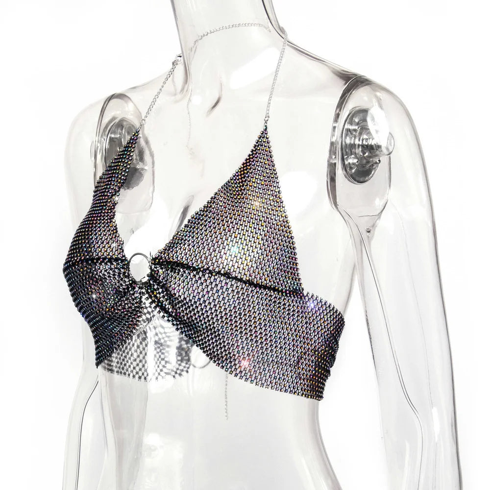 Sexy black White Summer crop top women festival Beach club outfits Party tank top t shirt woman Halter Rhinestones tops topy Hot