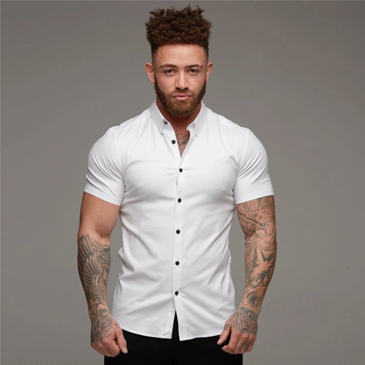 Summer Fashion Short Sleeve Shirt Men Solid Super Slim Fit Male Social Business Dress Shirt Brand Men Gym Fitness Sport Clothing