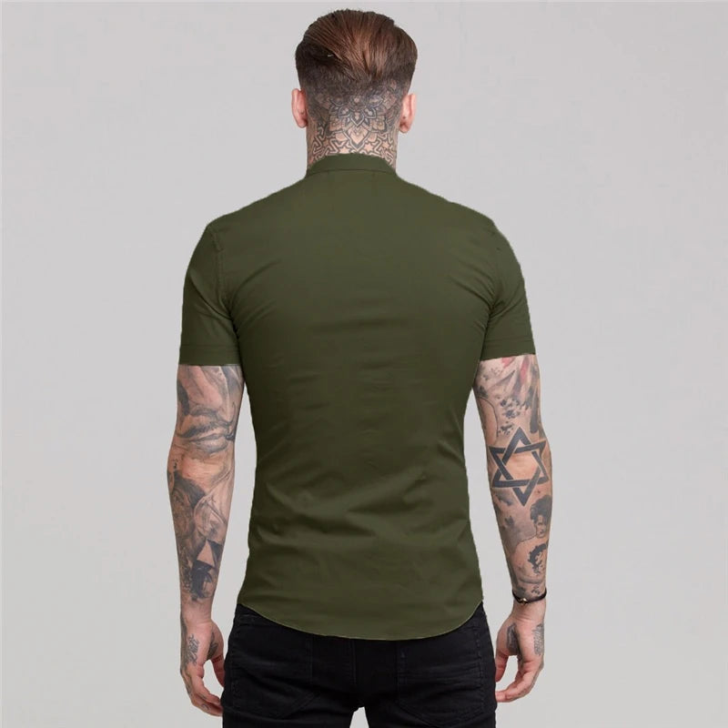 Mens Short Sleeve Shirt Summer Plain Slim Fit Dress Shirts Fitness Men Gym Clothing Fashion Casual Social Stand Business Shirts