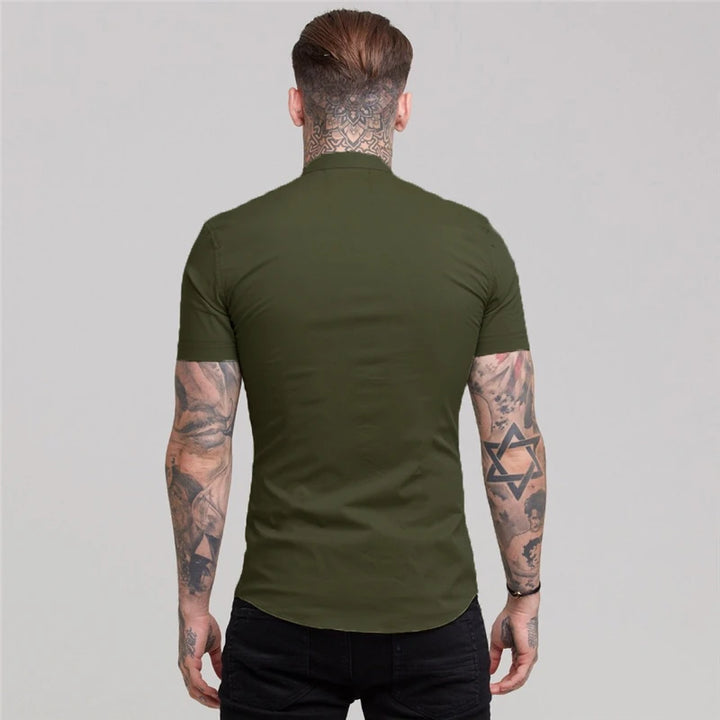 Mens Short Sleeve Shirt Summer Plain Slim Fit Dress Shirts Fitness Men Gym Clothing Fashion Casual Social Stand Business Shirts