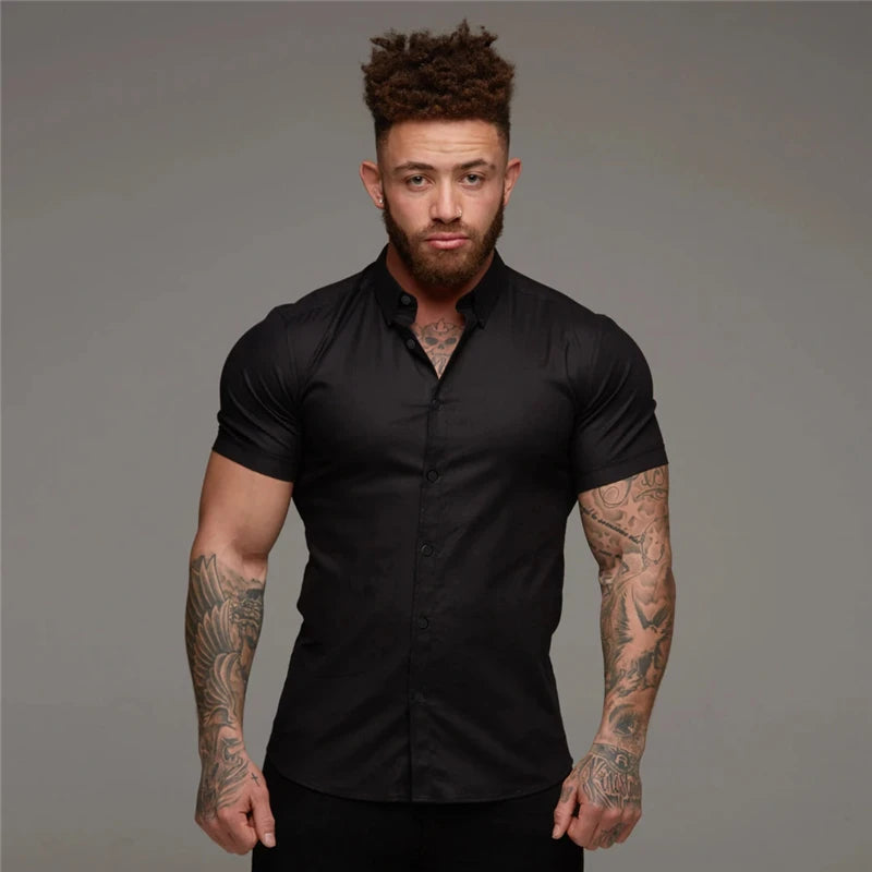 Summer Fashion Short Sleeve Shirt Men Solid Super Slim Fit Male Social Business Dress Shirt Brand Men Gym Fitness Sport Clothing